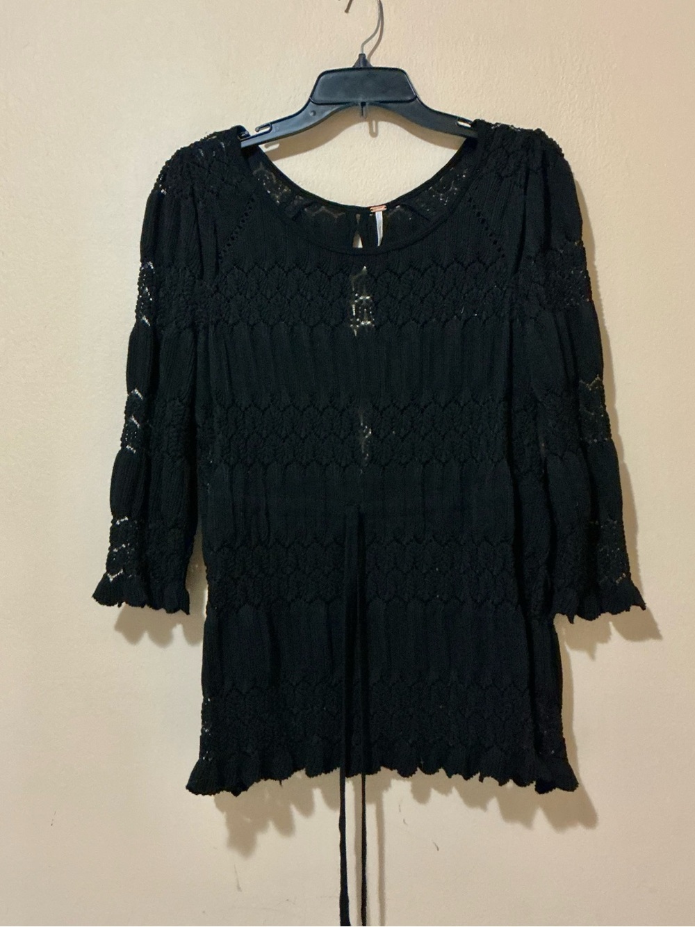 Free People Black Linen blend Crochet Peasant Blouse